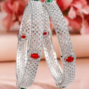 Set of 2 Rhodium-Plated Ruby Emerald and Cubic Zirconia Studded Premium Bangles - 2.8