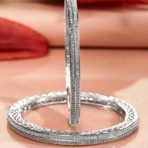 Set of 2 Rhodium-Plated White Cubic Zirconia Studded Classic Premium Bangles for Women - 02-Jun