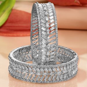 Set of 2 Rhodium-Plated White Cubic Zirconia Studded Leaf Design Premium Bangles - 02-Aug