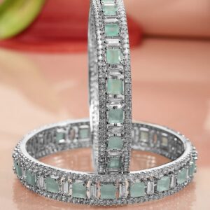 Set of 2 Silver-Plated Mint Green & White Cubic Zirconia Studded Premium Bangles - 02-Jun