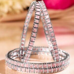 Set of 4 Rhodium-Plated Pastel Pink Cubic Zirconia Studded Handcrafted Premium Bangles for Women - 2.8