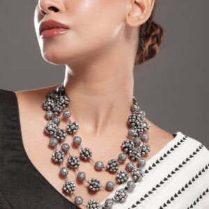 Oxidized Silver-Plated Triple-Layered Floral Bead Statement Necklace for Women - Silver