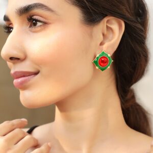 18K Gold-Plated Red & Green Enamel Stud Earrings with Bold Statement Design