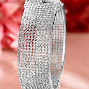 Rhodium-Plated AAA Cubic Zirconia Studded Premium Openable Bangle Bracelet - Silver