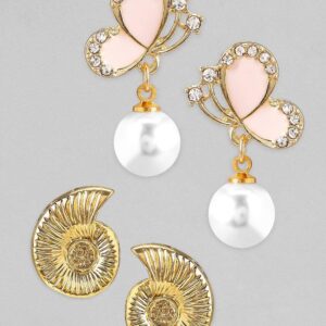 Set of 2 Gold Plated Pearl Hanging Earrings. - Gold